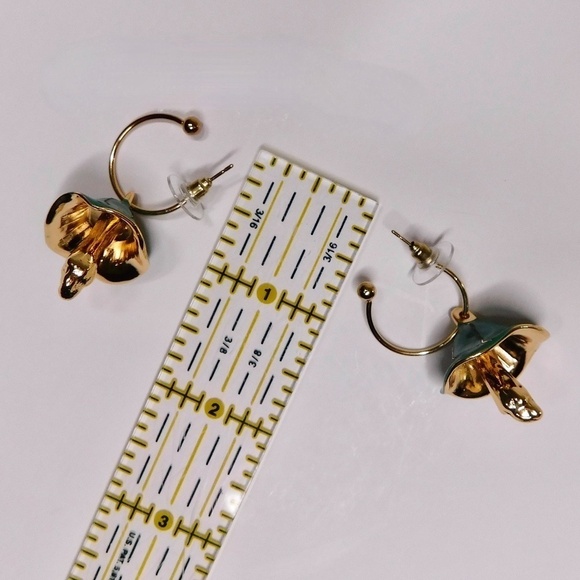 NEW! Dotted Mushroom Gold Metallic Earrings Mushrooms Dangle Dangling Teal Green - Picture 5 of 6